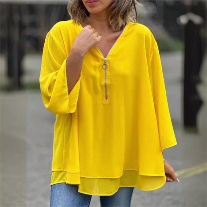 🔥LAST DAY SALE ONLY ￡13.99!!👚✨ Double-Layer V-Neck Zipper 3/4 Sleeves Soft Tops – Elegant Design, Comfortable Fit & Versatile Style 🌸