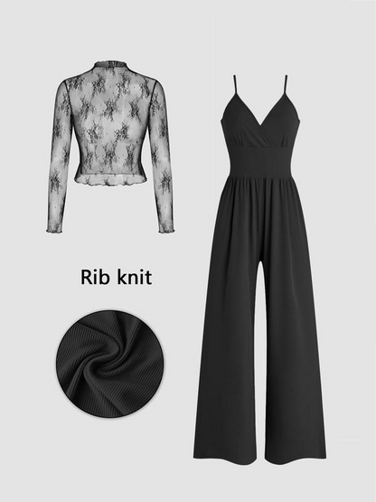 🎉Spring Sale--Up To 50% OFF😻 Two-piece set for women: lace top and jumpsuit with pockets