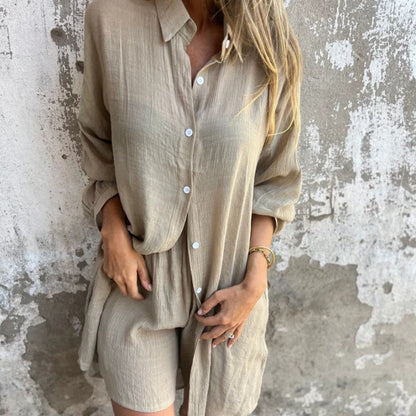 💖LAST DAY SALE ONLY ￡15.99!!💖Women's Casual Long Sleeve Shirt & Shorts Two-Piece Set