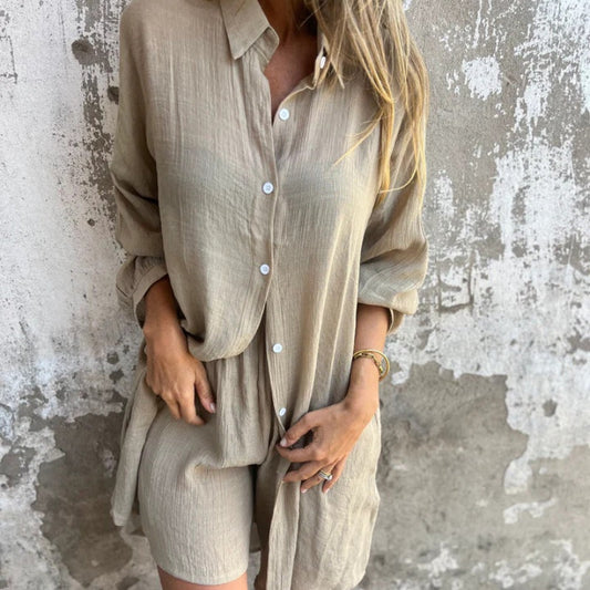 💖LAST DAY SALE ONLY ￡15.99!!💖Women's Casual Long Sleeve Shirt & Shorts Two-Piece Set