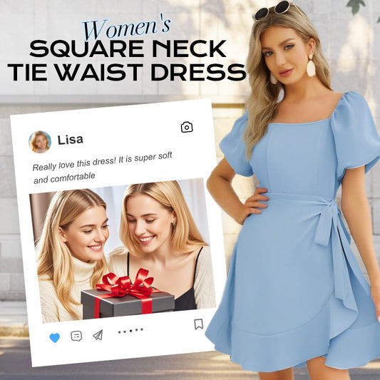 Women's Square Neck Tie Waist Dress