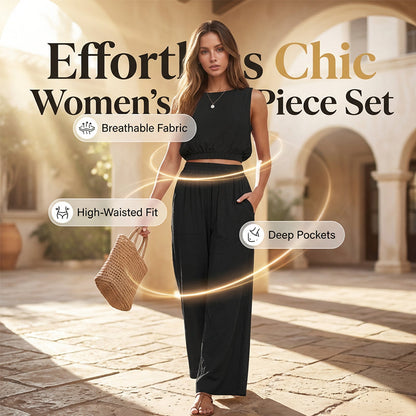 🏖️Summer Cool Deal: 70% OFF!!💃Women's 2-Piece Solid Color Breathable Tank Top & Wide Leg Loose Pants Set