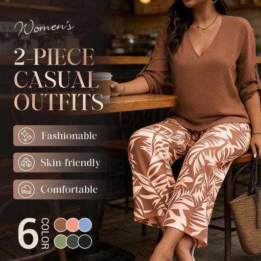 🌿Summer Cool Deal: 49% OFF!!🌿Women's V-Neck Blouse & Printed Wide-Leg Pants Set💃