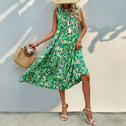 Women's Sleeveless Abstract Print Tiered Midi Dress   – free shipping on 2 items (save £3)! 🚚💷✨