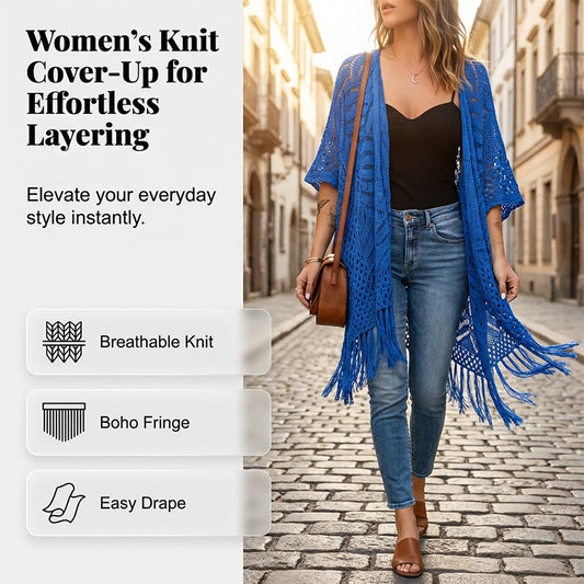 🌊SUMMER HOT SALE 50% OFF!✨ Women's Open-Front Knit Cover-Up with Tassel Fringe – Bohemian & Lightweight – Beach Essential 🌴