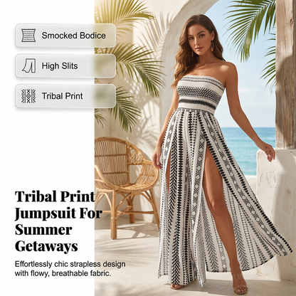 🏖️SUMMER HOT SALE 50% OFF!!💃Bohemian Strapless High Split Wide Leg Vacation Jumpsuits