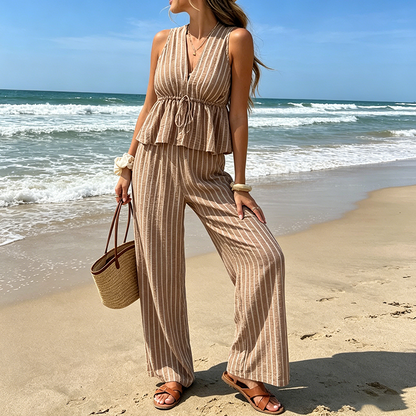 Women's Striped V-Neck Top & Wide-Leg Pants Set