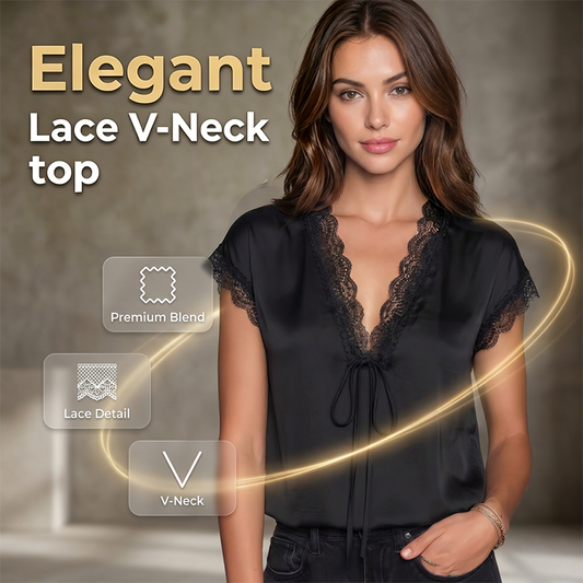 Women's Satin Blouse – V-Neck Tie Front, Lace Trim & Short Sleeves, Loose Fit Slimming Top💫🌸