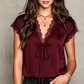Women's Satin Blouse – V-Neck Tie Front, Lace Trim & Short Sleeves, Loose Fit Slimming Top💫🌸