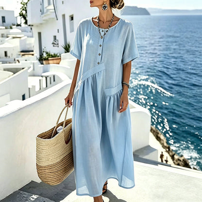 ⏳Time-Limited Special Price: ￡15.99!!🎁Women’s Button-Front Maxi Dress – Lightweight Cotton-Linen Blend 🌾👗Breathable • Pockets • Relaxed Fit • Wooden Buttons • Perfect for UK Summers, Holidays & Everyday Ease🇬🇧