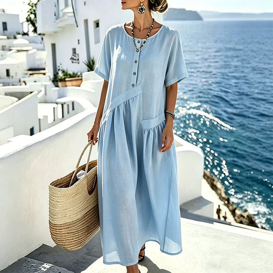 ⏳Time-Limited Special Price: ￡15.99!!🎁Women’s Button-Front Maxi Dress – Lightweight Cotton-Linen Blend 🌾👗Breathable • Pockets • Relaxed Fit • Wooden Buttons • Perfect for UK Summers, Holidays & Everyday Ease🇬🇧