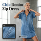 ⌛Limited-Time Offer ONLY ￡13.99!!⏰-Women's Loose-Fitting Collared Zipper Denim Dress with Pockets