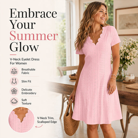 💖LAST DAY SALE ONLY ￡13.99!! 👗Top Pick - V-Neck Eyelet Dress with Scallop Trim – Lightweight & Romantic for Garden Parties or Brunch 🌿