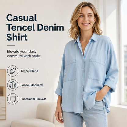 💗LAST DAY SALE 50% OFF🌿 Women's Chambray Denim Shirt – 3/4 Sleeve Button-Down Top in Soft Tencel™ Blend ✨ | Breathable, Skin-Friendly & Effortlessly Stylish 🇬🇧