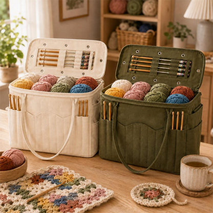 🧶50% OFF NOW! Canvas Yarn Storage Bag with Needle Pockets‑Portable Knitting Tote Organizer, Large Capacity Crochet Bag for Yarn Balls, Hooks & Accessories