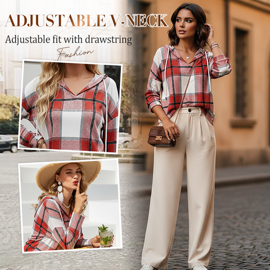 ⏳LAST DAY SALE ONLY ￡13.99!!🔥✨ Easy Everyday Comfort | Women's Plaid Hooded Drawstring V-Neck Shirt🍂