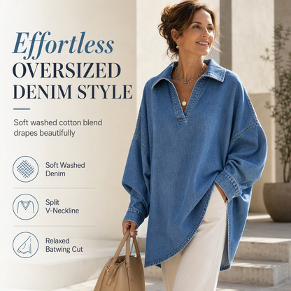 ⏳LAST DAY SALE ONLY ￡19.99!!💙 Women's Casual Loose Denim V-Neck Pullover Shirt with Batwing Sleeves and Asymmetrical Hem