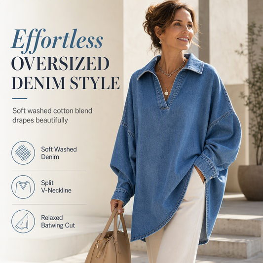 ⏳LAST DAY SALE ONLY ￡19.99!!💙 Women's Casual Loose Denim V-Neck Pullover Shirt with Batwing Sleeves and Asymmetrical Hem