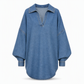 ⏳LAST DAY SALE ONLY ￡19.99!!💙 Women's Casual Loose Denim V-Neck Pullover Shirt with Batwing Sleeves and Asymmetrical Hem