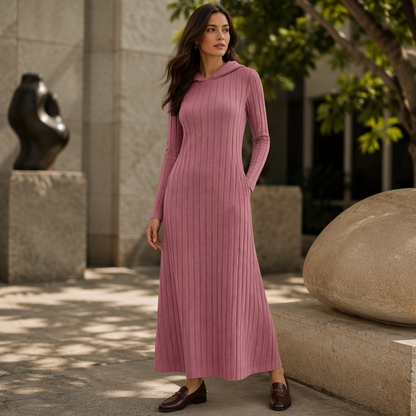 ⏳LAST DAY SALE ONLY ￡25.99!!✨🧶 Textured Comfort | Women's Ribbed-Knit Hooded Maxi Dress with Pockets