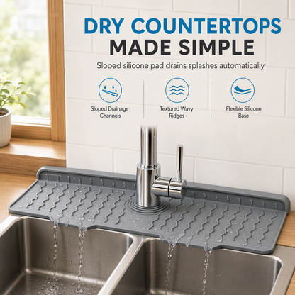 🥳2026 HOT SALE 50% OFF! 💞50K+ SOLD! 🧽💧 Silicone Faucet Splash Guard Mat – sloped drain, cuttable, keeps countertops dry. Fits various sinks! 🛡️✅