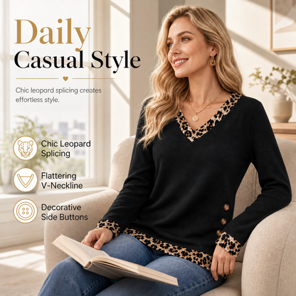 ⏳LAST DAY SALE ONLY ￡13.99!!🐆 Leopard Details Make the Look | Women's V-Neck Contrast-Trim Knit Top