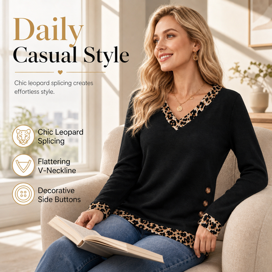 ⏳LAST DAY SALE ONLY ￡13.99!!🐆 Leopard Details Make the Look | Women's V-Neck Contrast-Trim Knit Top