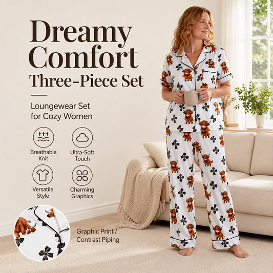 ⏳LAST DAY SALE 50% OFF!!🐮Cute Highland Cow Print, 3-Piece Fun Pajama Set – Cozy Lounge & Sleepwear ✨