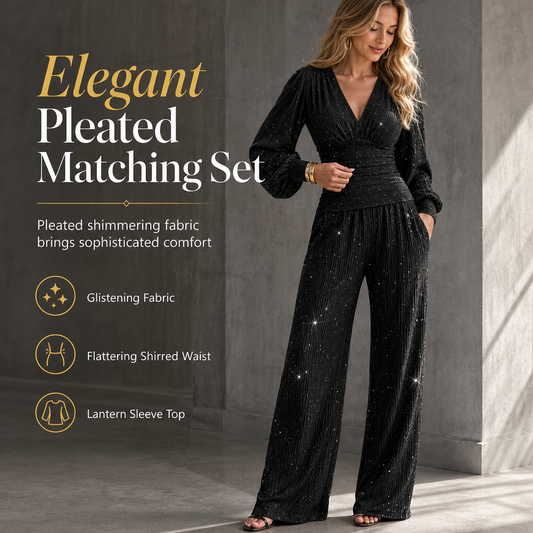 ⏳Last Day Sale Only ￡25.99!!🎁✨ Women's Two Piece Outfit Fall Winter Deep V Neck Lantern Sleeve Pleated Top and Wide Leg Pants with Pockets