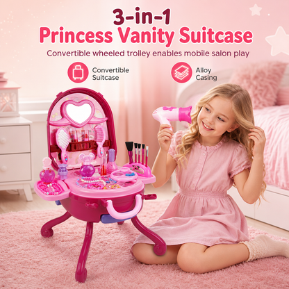 ⏳LAST DAY SALE ONLY ￡22.99!! 👑 3-in-1 Princess Vanity Suitcase – Magical, Portable, Kid-Safe 🧳