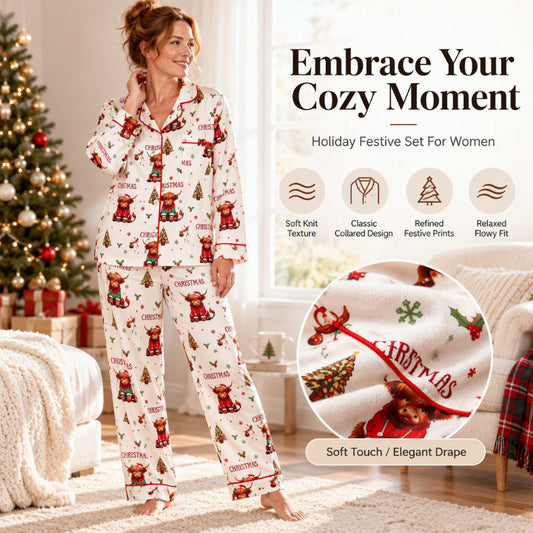 ⏳Last Day Sale Only ￡17.99!!🎁✨Christmas Long Sleeve Notch Collar Pajama Set