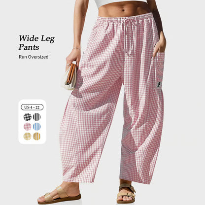 Womens Wide Leg Gingham Striped Plaid Pants Casual Barrel Loose Drawstring Low Waist Palazzo Harem Pants with Pockets