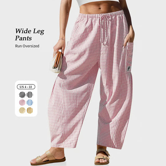 Womens Wide Leg Gingham Striped Plaid Pants Casual Barrel Loose Drawstring Low Waist Palazzo Harem Pants with Pockets